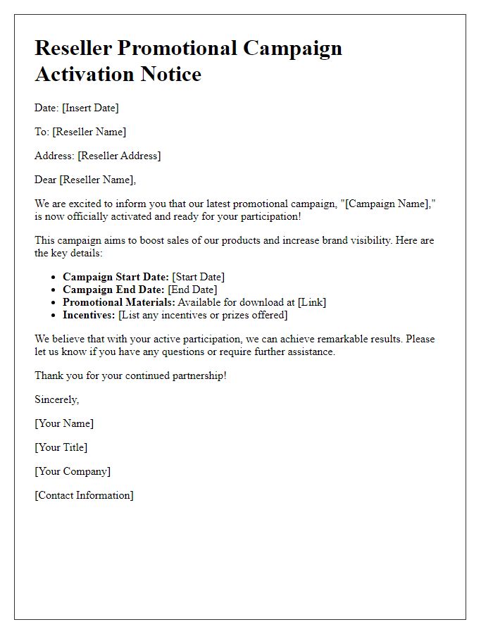 Letter template of reseller promotional campaign activation notice