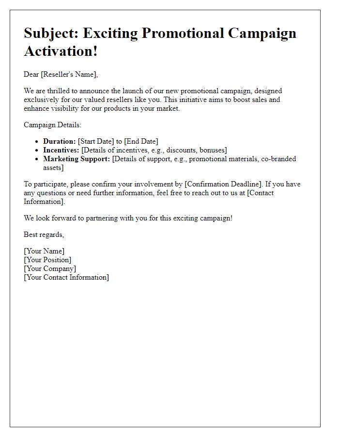 Letter template of reseller promotional campaign activation