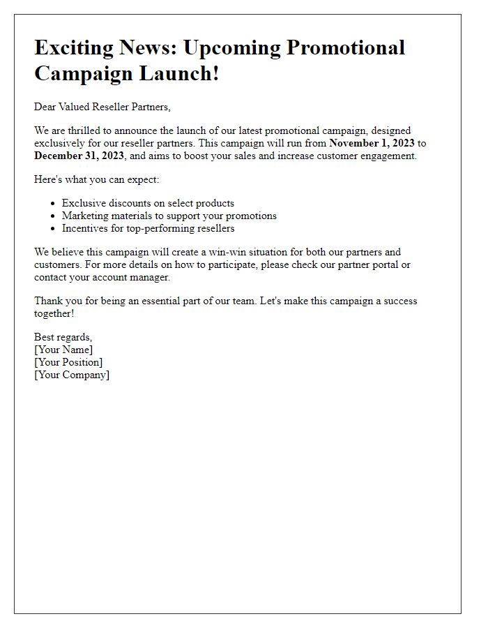 Letter template of reseller promotional campaign launch announcement