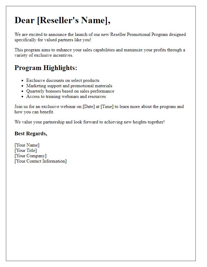 Letter template of reseller promotional program unveiling