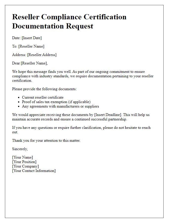 Letter template of reseller compliance certification documentation request