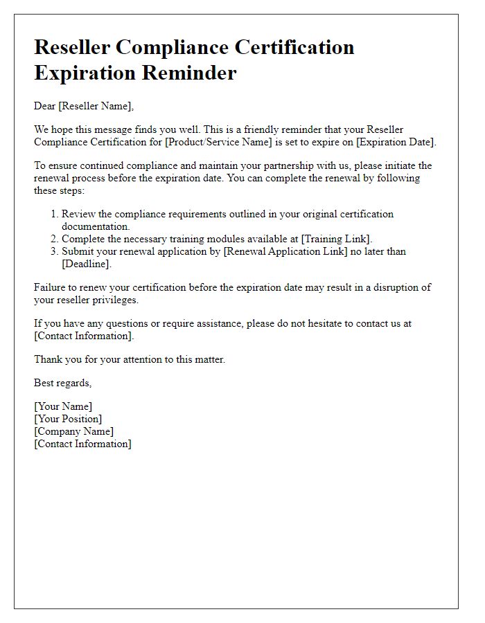 Letter template of reseller compliance certification expiration reminder