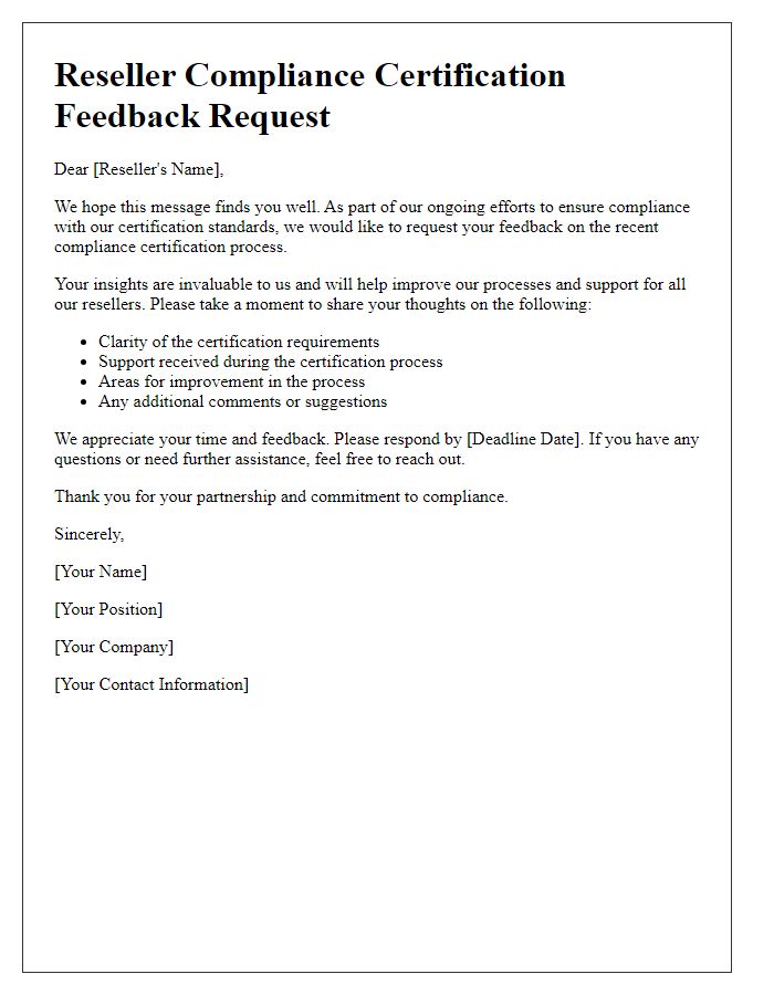 Letter template of reseller compliance certification feedback request