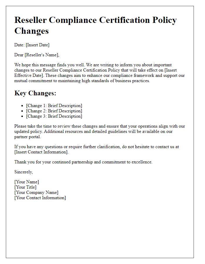Letter template of reseller compliance certification policy changes