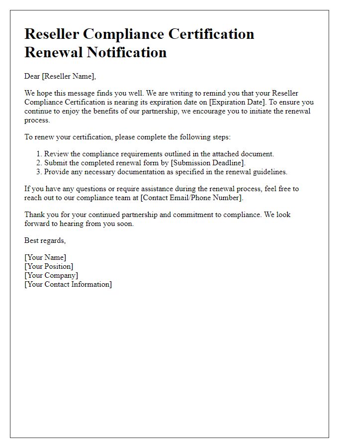 Letter template of reseller compliance certification renewal notification