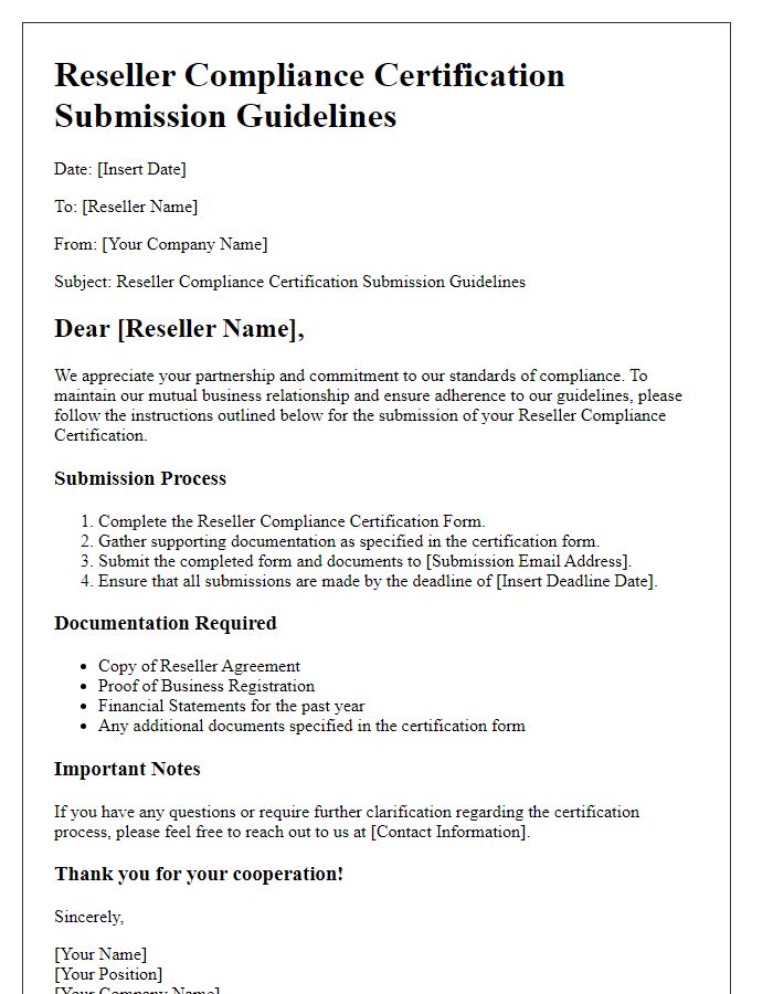 Letter template of reseller compliance certification submission guidelines