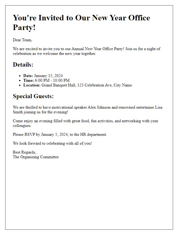 Letter template of New Year office party invitation featuring special guests