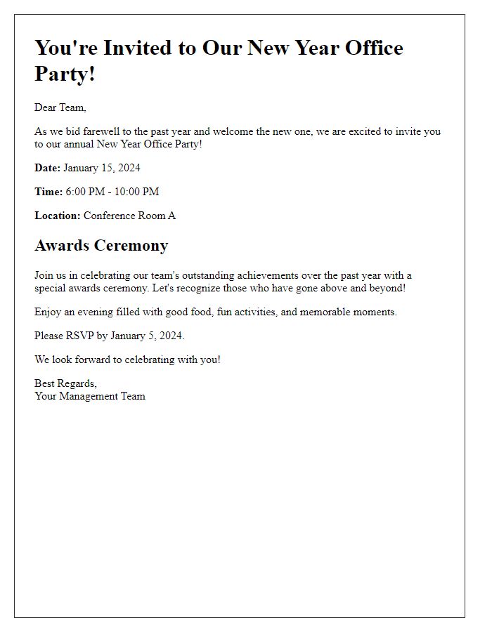 Letter template of New Year office party invitation highlighting awards ceremony