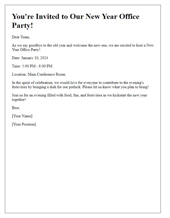 Letter template of New Year office party invitation with a potluck suggestion