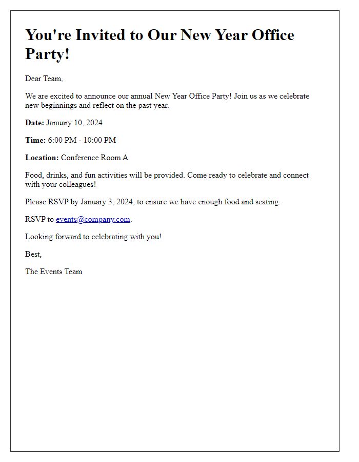 Letter template of New Year office party invitation with RSVP details