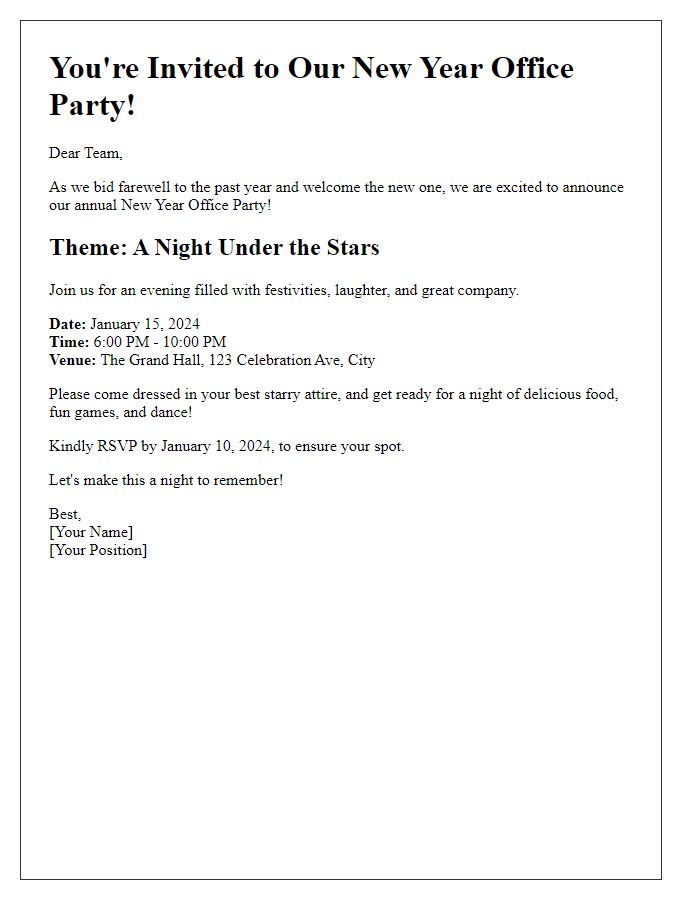 Letter template of New Year office party invitation with a theme