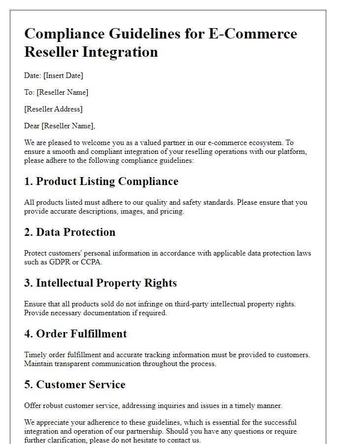 Letter template of compliance guidelines for e-commerce reseller integration