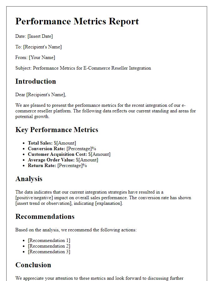 Letter template of performance metrics for e-commerce reseller integration