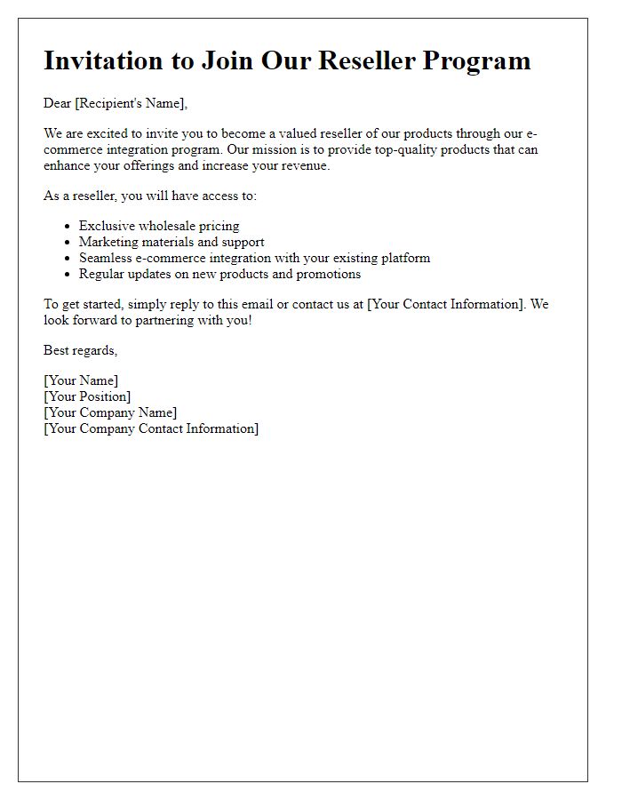 Letter template of reseller program invitation for e-commerce integration