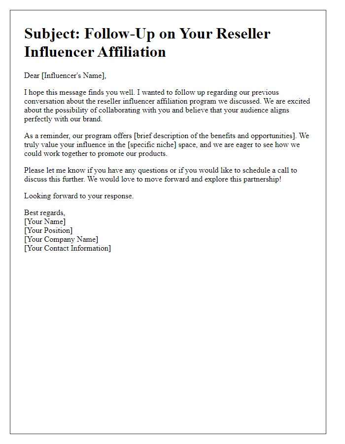 Letter template of follow-up for reseller influencer affiliation