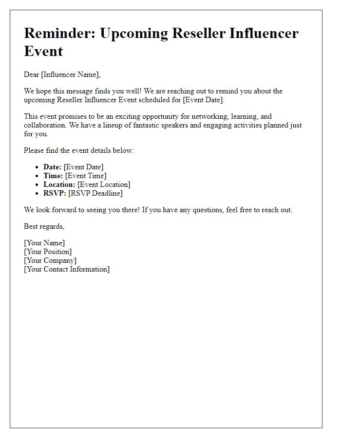 Letter template of reminder for upcoming reseller influencer event