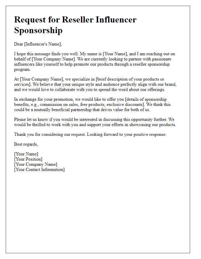 Letter template of request for reseller influencer sponsorship