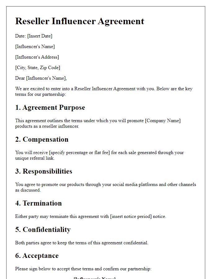 Letter template of terms for reseller influencer agreement