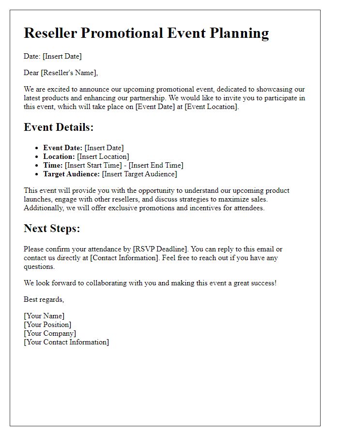 Letter template of reseller promotional event planning