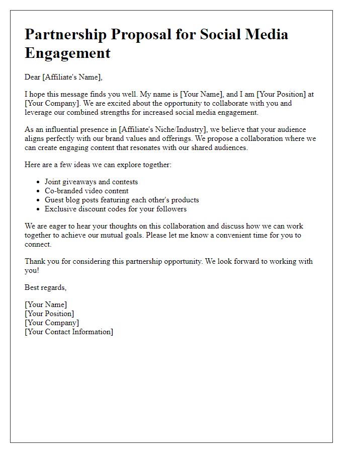 Letter template of affiliate collaboration for social media engagement