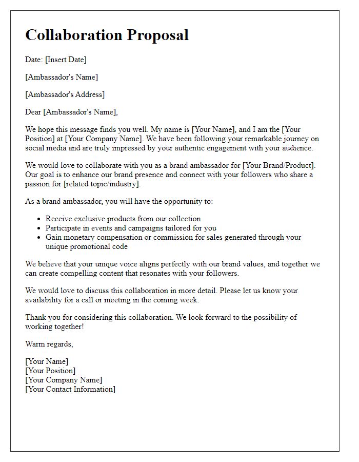 Letter template of brand ambassador collaboration for social media exposure