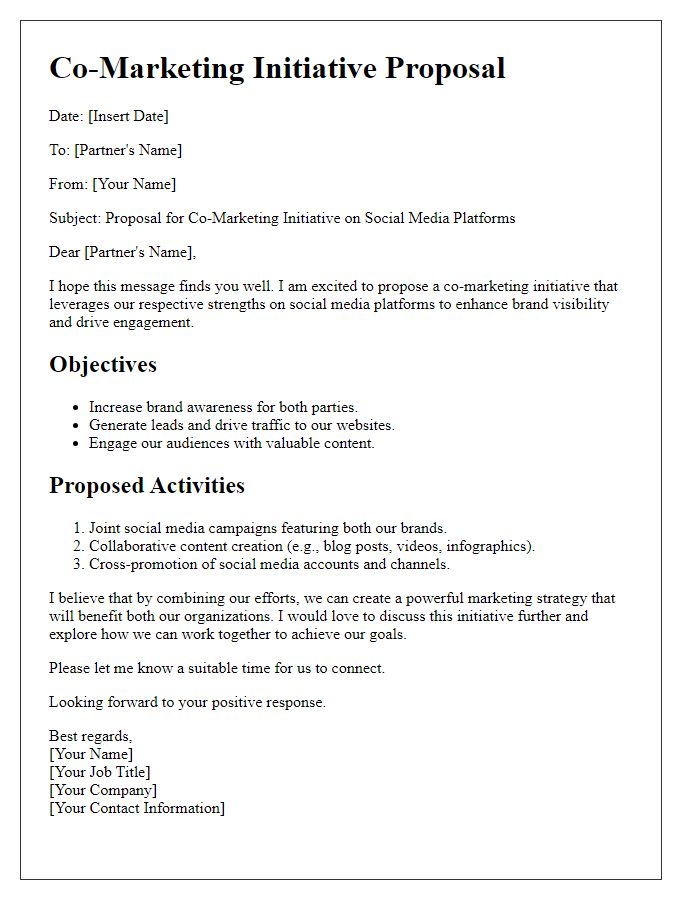 Letter template of co-marketing initiative for social media platforms