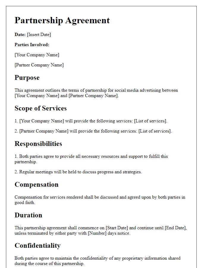 Letter template of partnership agreement for social media advertising