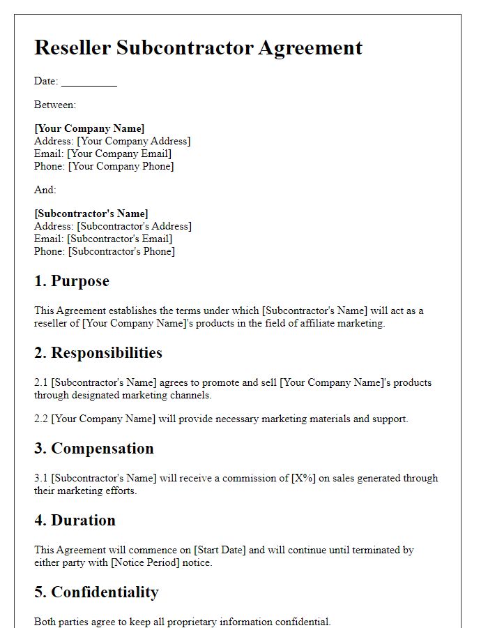 Letter template of Reseller Subcontractor Agreement for Affiliate Marketing