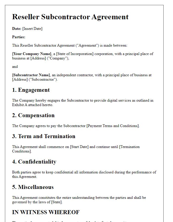 Letter template of Reseller Subcontractor Agreement for Digital Services