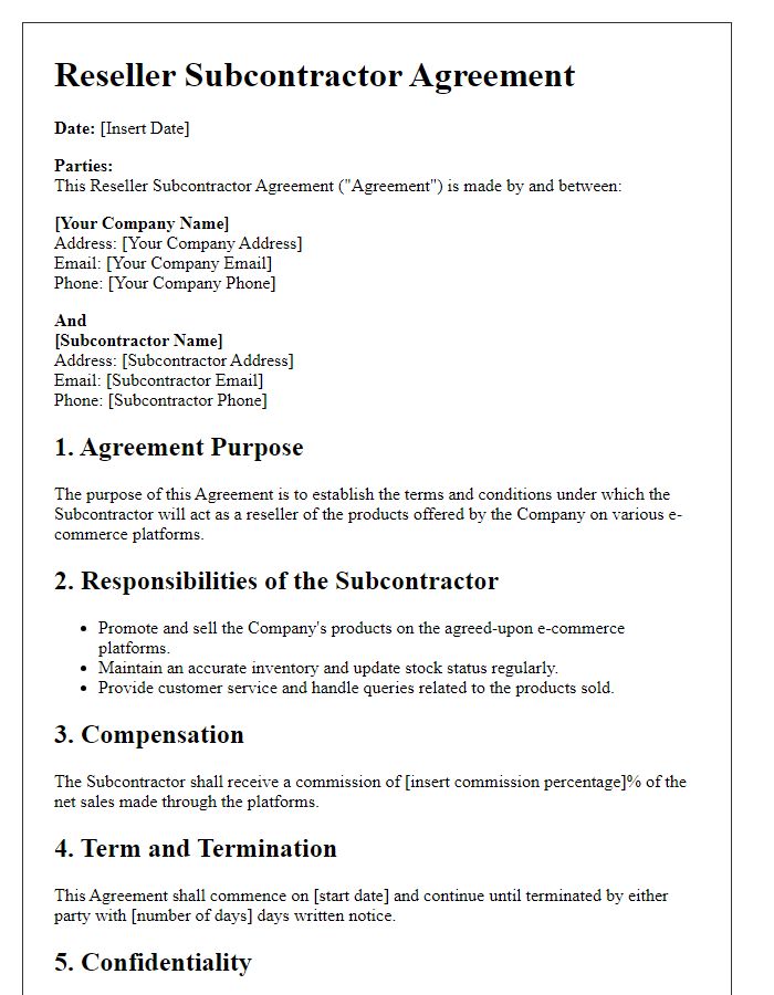 Letter template of Reseller Subcontractor Agreement for E-commerce Platforms