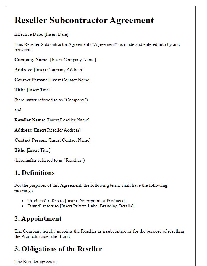 Letter template of Reseller Subcontractor Agreement for Private Label Branding