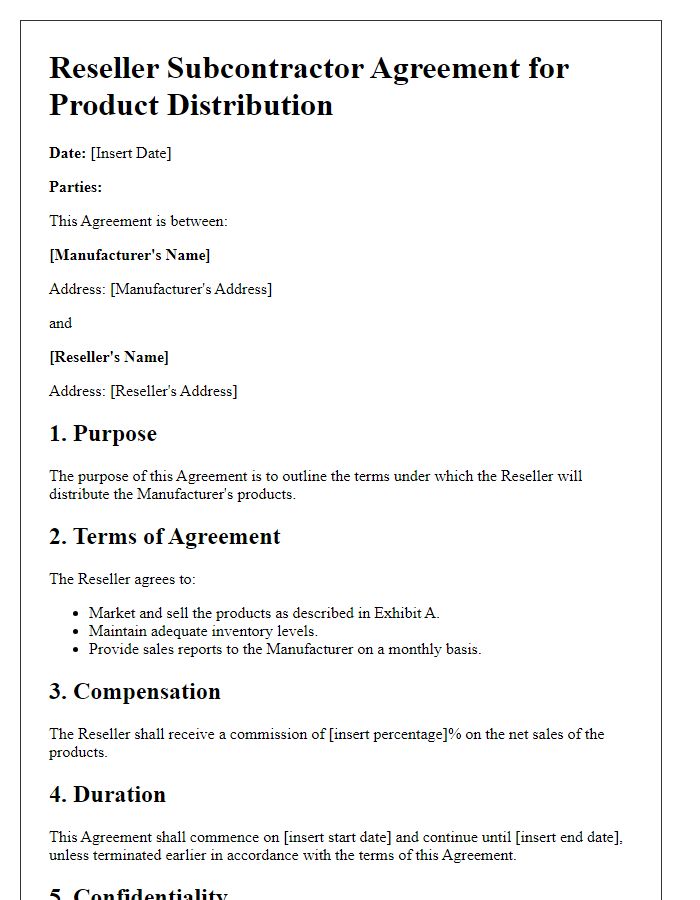 Letter template of Reseller Subcontractor Agreement for Product Distribution