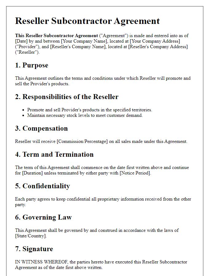 Letter template of Reseller Subcontractor Agreement for Retail Partnerships