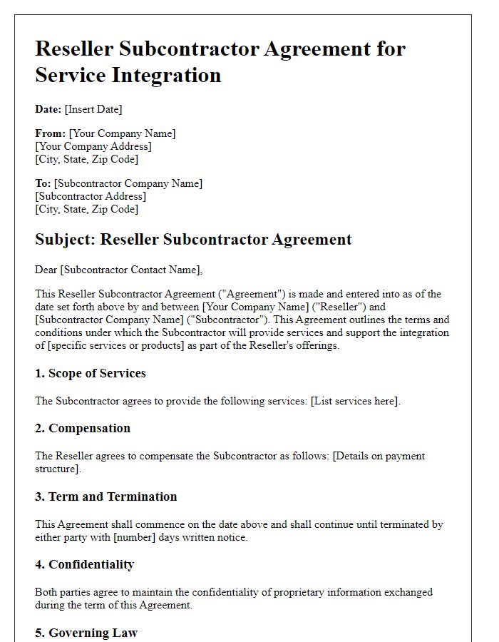 Letter template of Reseller Subcontractor Agreement for Service Integration