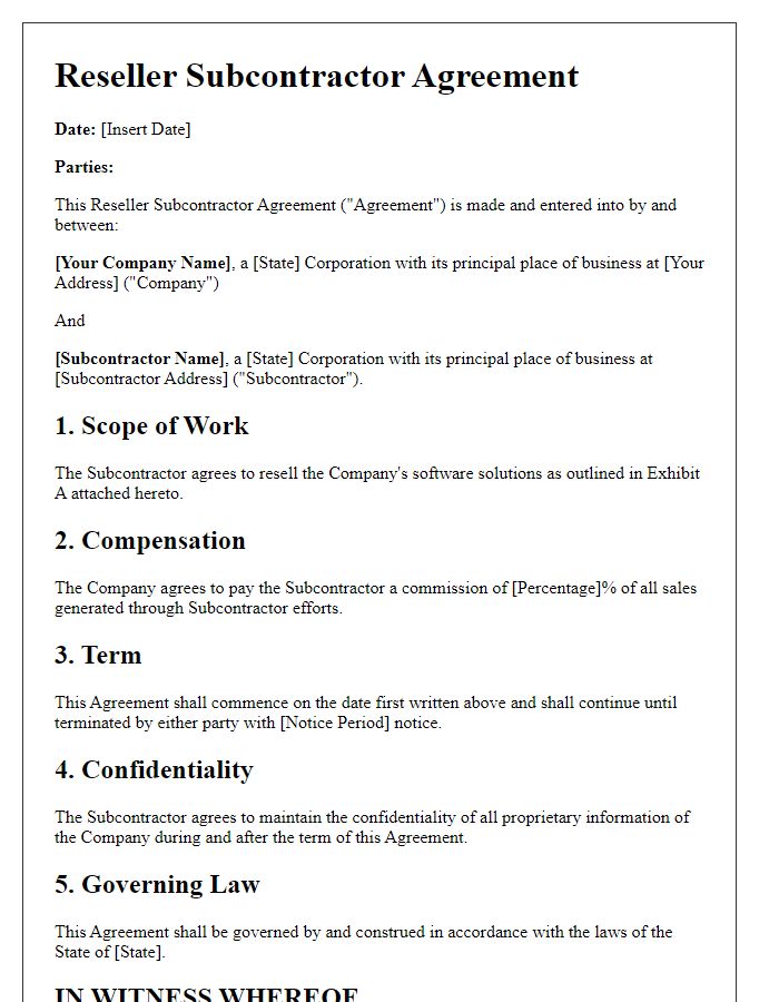 Letter template of Reseller Subcontractor Agreement for Software Solutions