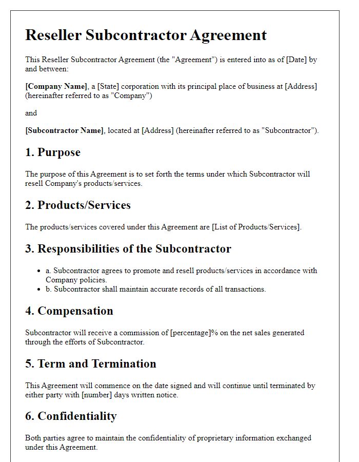 Letter template of Reseller Subcontractor Agreement for Wholesale Transactions