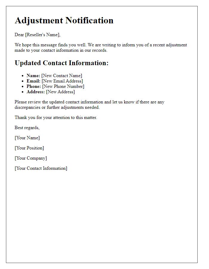 Letter template of adjustment to reseller contact data