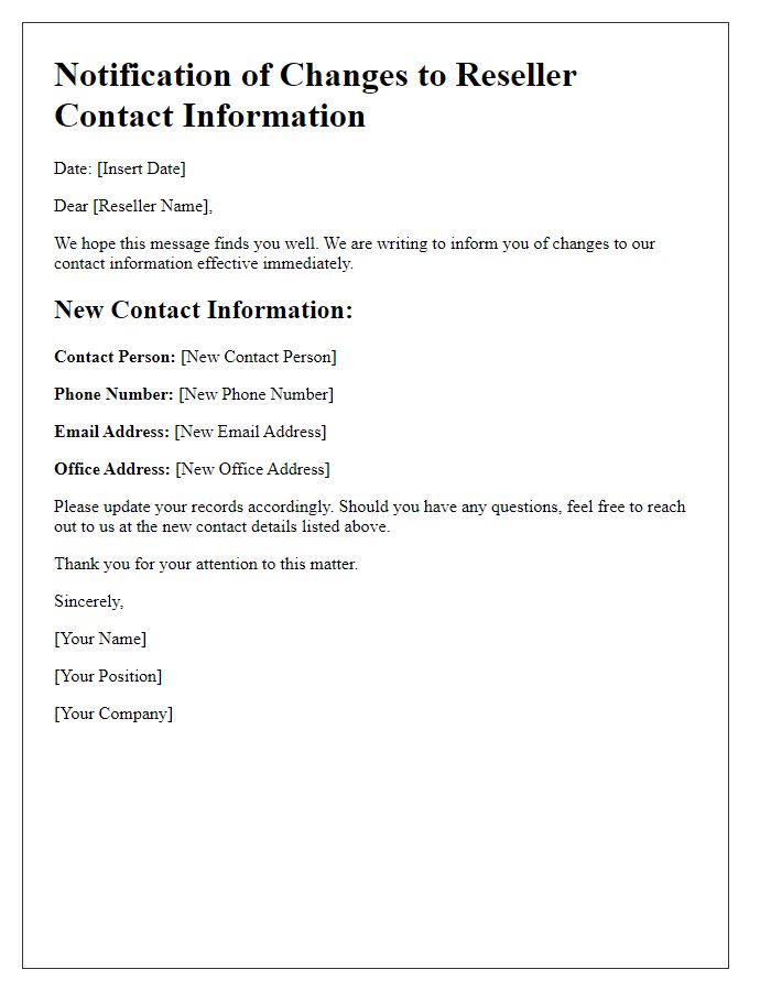 Letter template of changes to reseller contact information