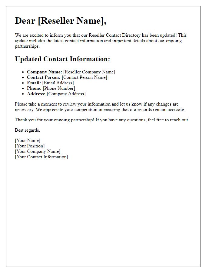 Letter template of updated reseller contact directory