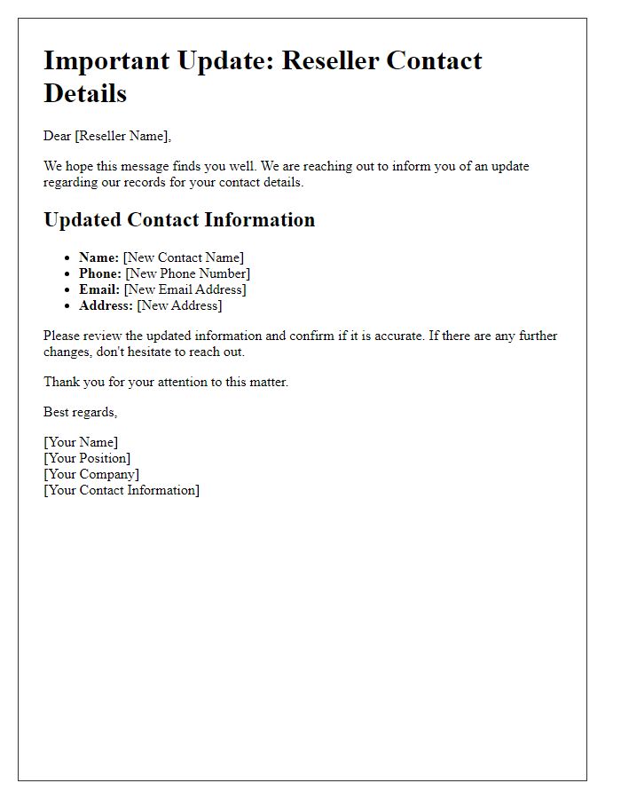 Letter template of updates for reseller contact details