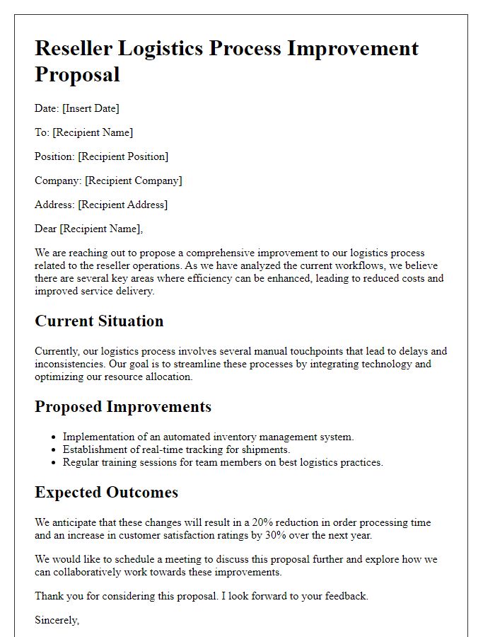 Letter template of Reseller Logistics Process Improvement