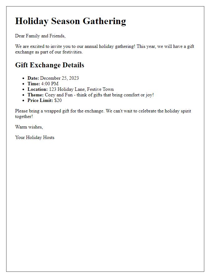 Letter template of gift exchange details for holiday season gathering