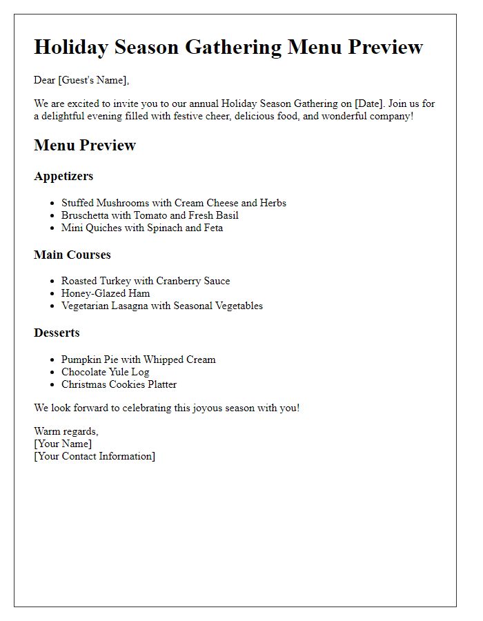 Letter template of menu preview for holiday season gathering