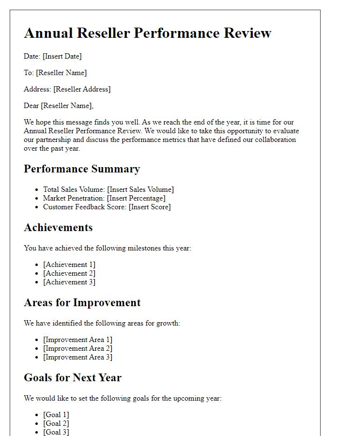 Letter template of Annual Reseller Performance Review