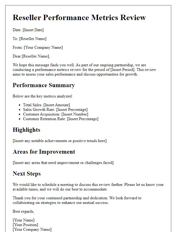 Letter template of Reseller Performance Metrics Review