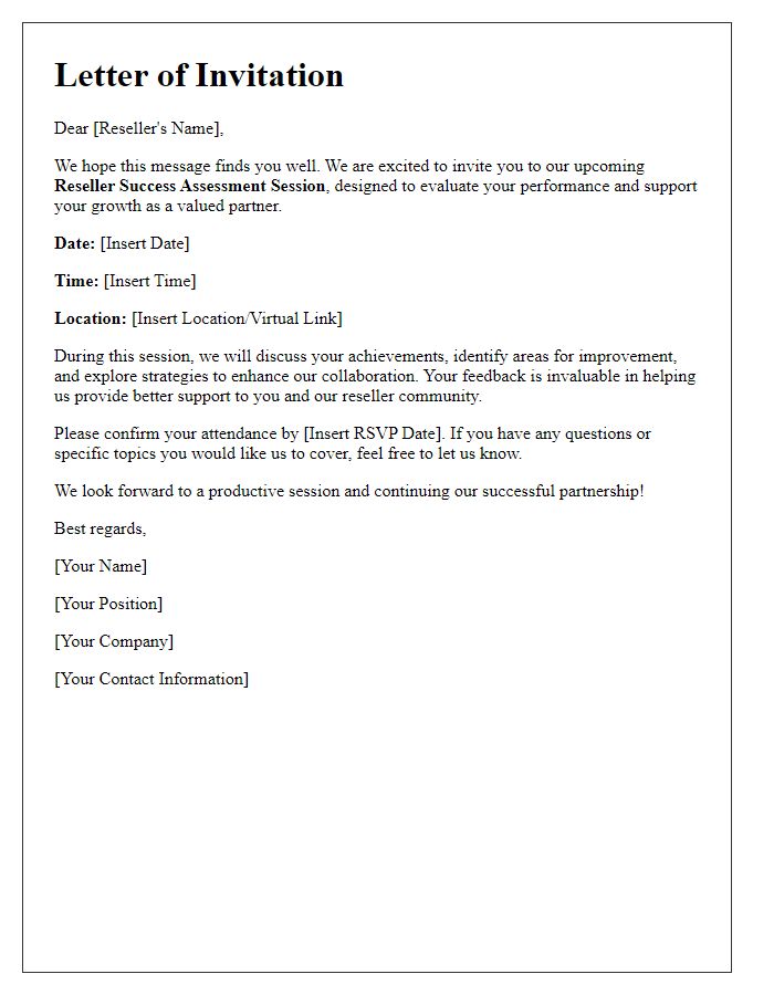 Letter template of Reseller Success Assessment Session