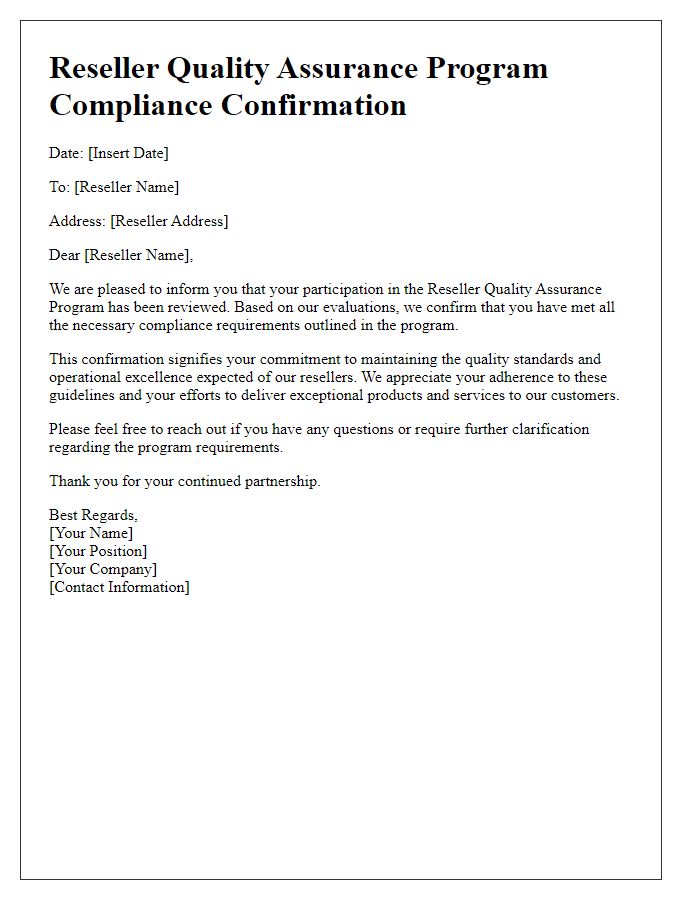 Letter template of Reseller Quality Assurance Program Compliance Confirmation