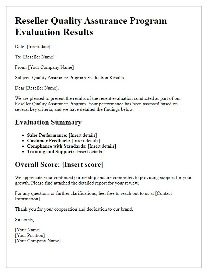 Letter template of Reseller Quality Assurance Program Evaluation Results