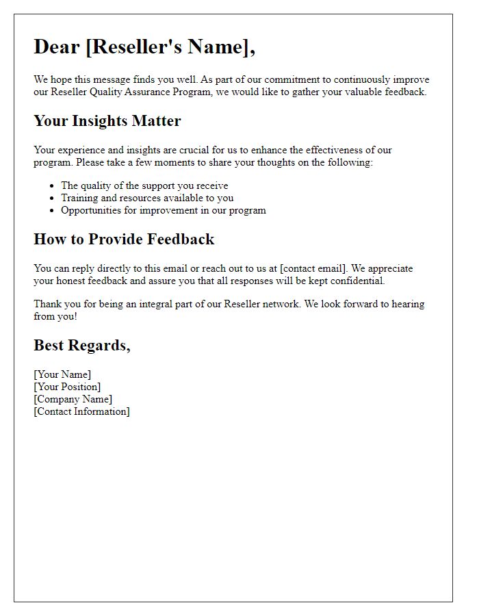 Letter template of Reseller Quality Assurance Program Feedback Request