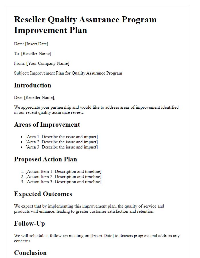 Letter template of Reseller Quality Assurance Program Improvement Plan